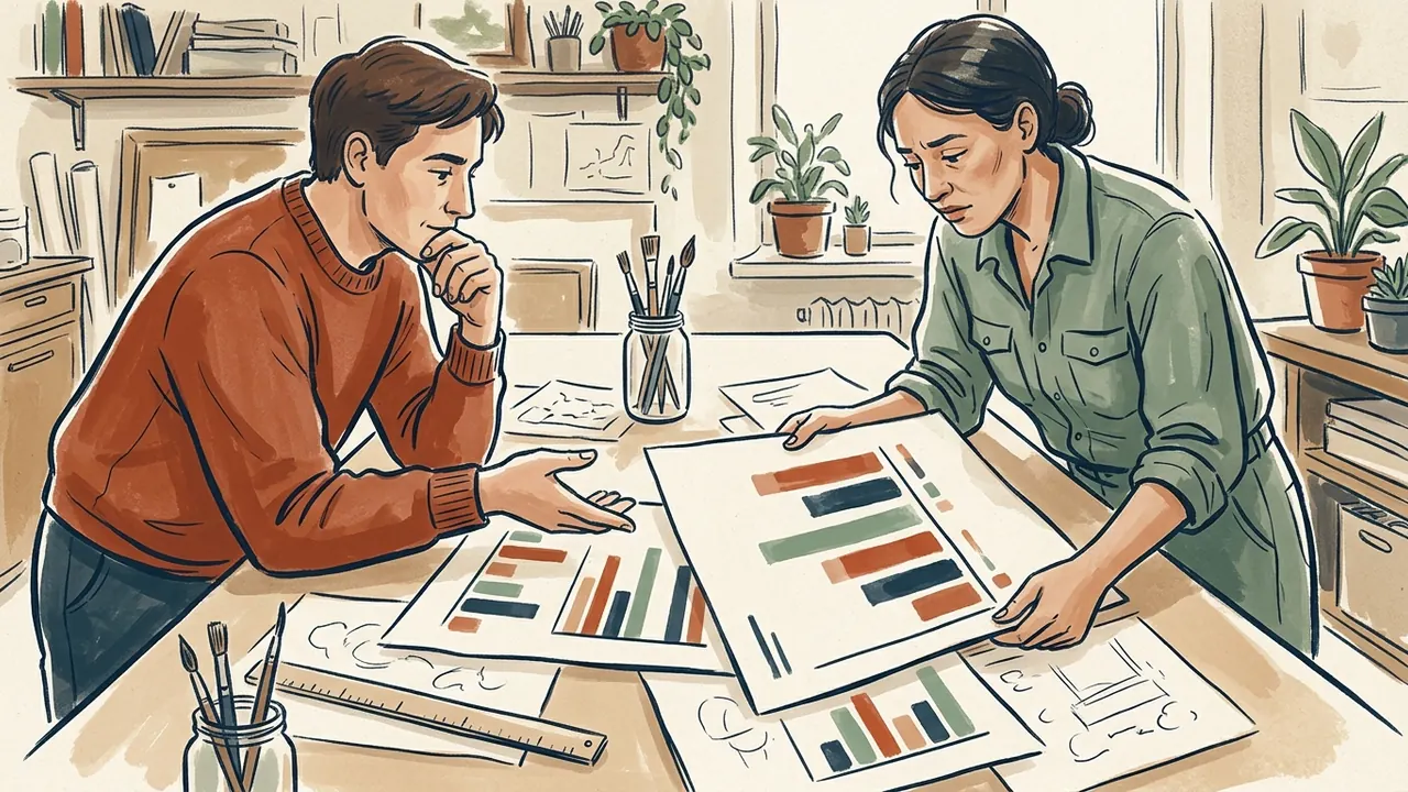 Dos personas comparan gráficos de barras sin cifras en una mesa de trabajo.