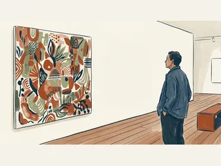 Una persona contempla una obra abstracta junto a una pared vacía en una sala de arte ficticia.