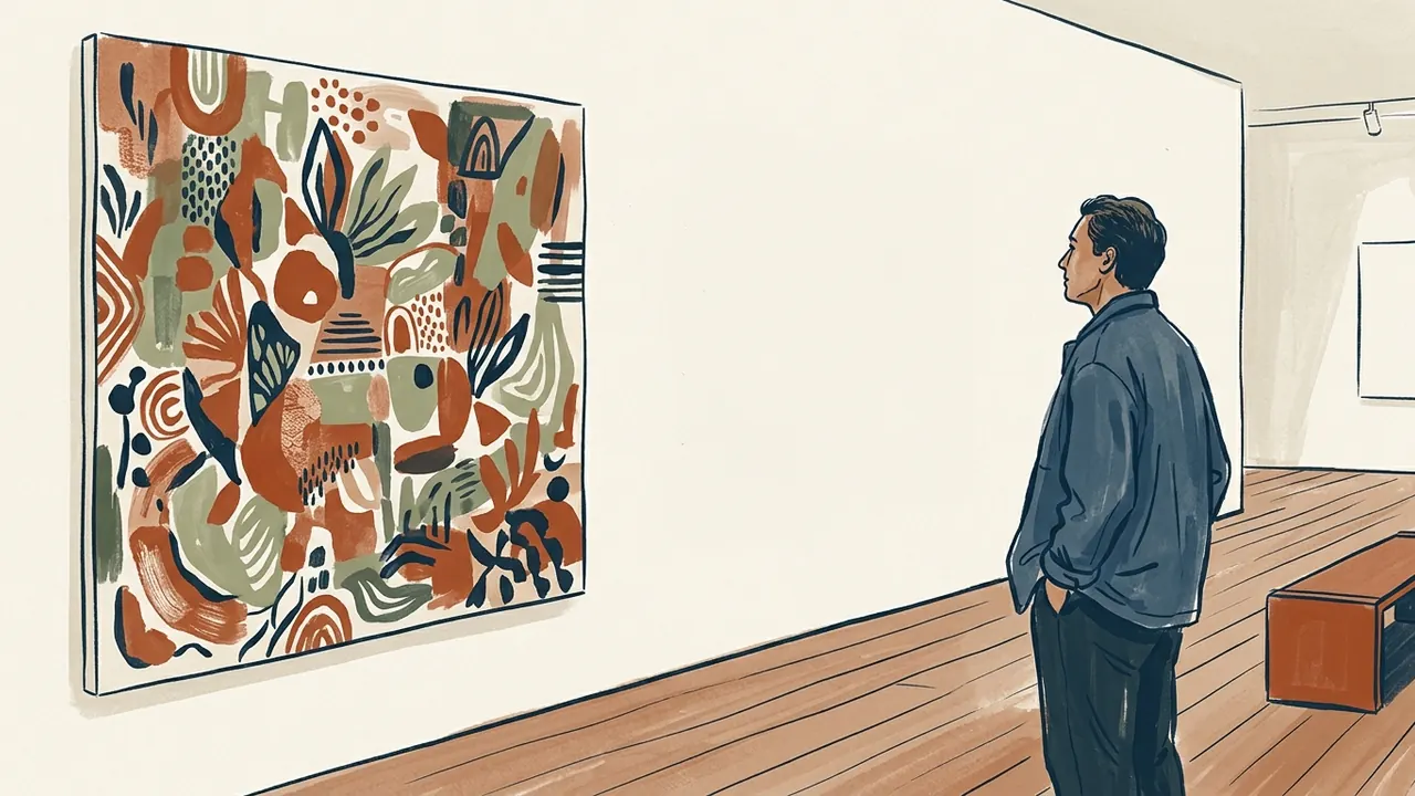 Una persona contempla una obra abstracta junto a una pared vacía en una sala de arte ficticia.