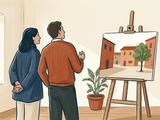Dos personas observan en un caballete una pintura original de una plaza imaginaria.