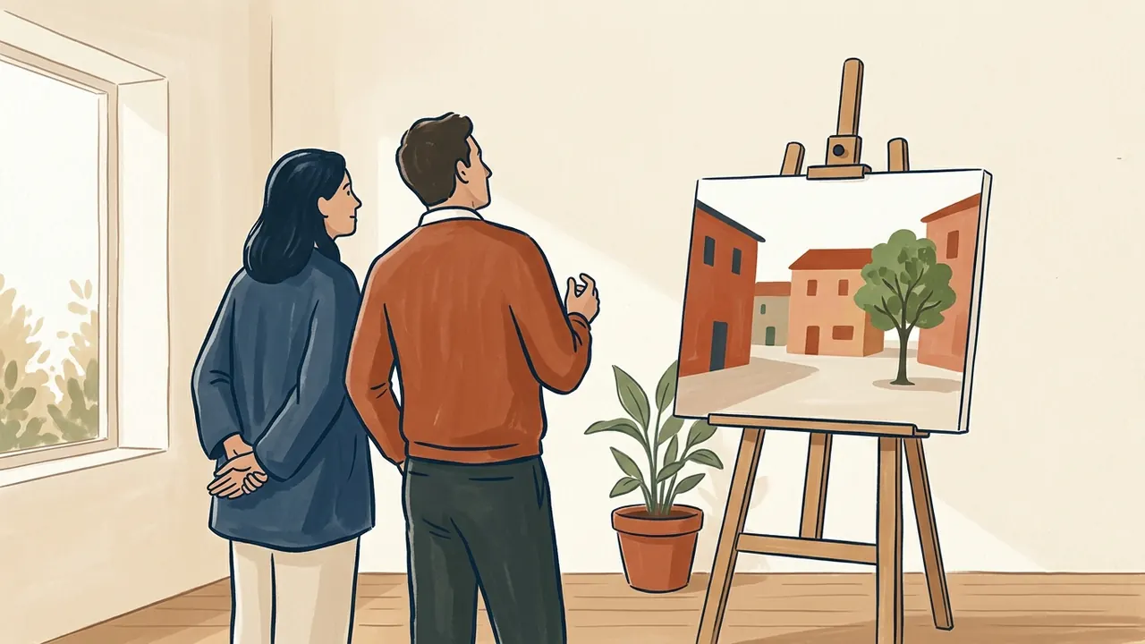 Dos personas observan en un caballete una pintura original de una plaza imaginaria.