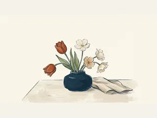 Arreglo de flores teja y claras en un jarrón azul bajo.