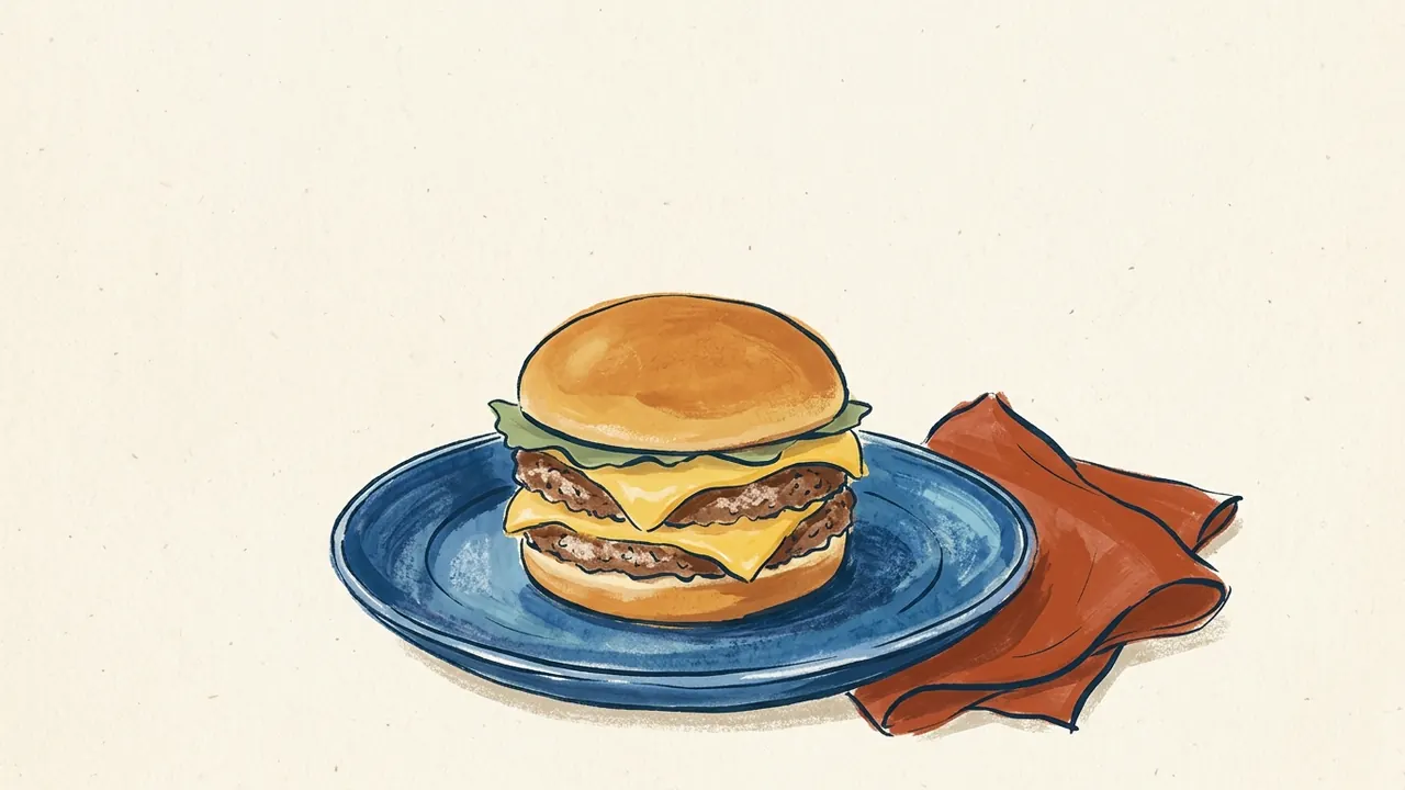 Hamburguesa con dos piezas de carne y dos lonchas de queso sobre un plato azul.