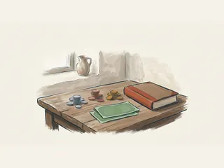 Monedas lisas de tres colores, papeles verdes sin inscripciones y un libro sobre una mesa de madera.