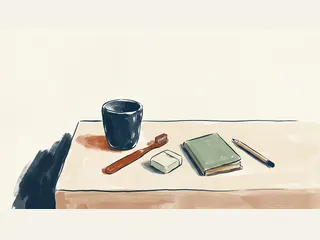 Cepillo dental, vaso, cajita cerrada, cuaderno y lápiz sobre una superficie clara.