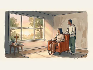 Dos personas adultas observan la luz del amanecer desde una sala con una cruz de madera.