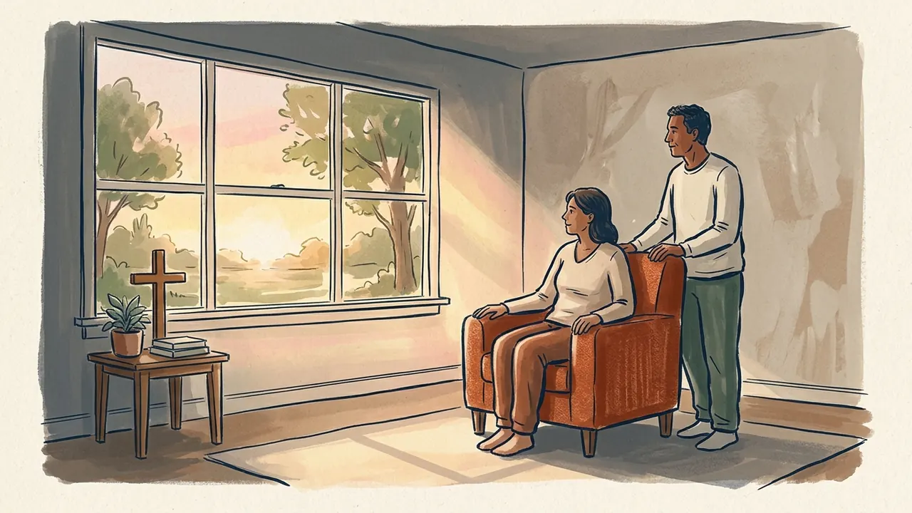 Dos personas adultas observan la luz del amanecer desde una sala con una cruz de madera.