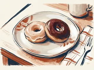 Dos dónuts, uno glaseado y otro con cobertura oscura, sobre un plato de cerámica.