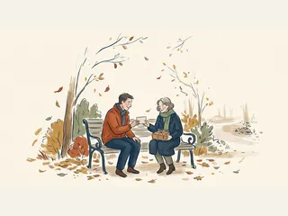 Dos adultos intercambian una tarjeta y un pequeño regalo en un banco de parque en otoño.
