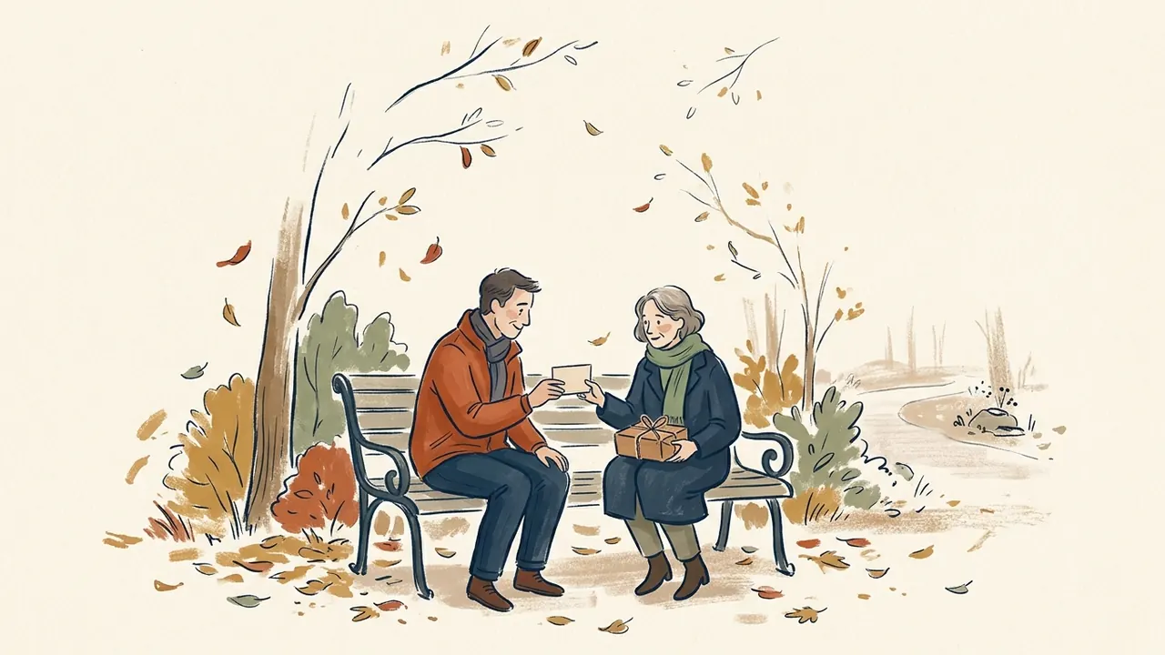 Dos adultos intercambian una tarjeta y un pequeño regalo en un banco de parque en otoño.