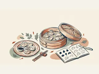 Dumplings de varias formas aparecen en una cesta de vapor y un plato junto a un cuaderno de dibujos.
