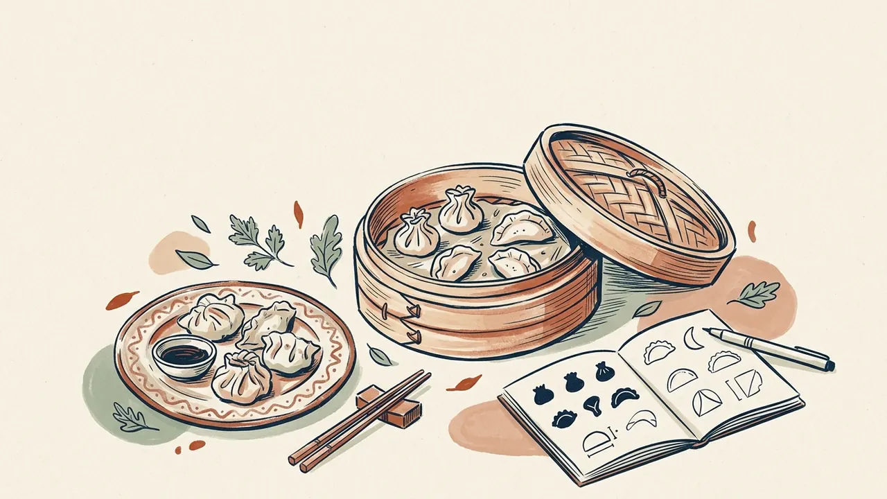 Dumplings de varias formas aparecen en una cesta de vapor y un plato junto a un cuaderno de dibujos.