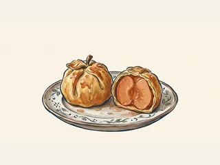 Manzana horneada envuelta en masa, entera y cortada, sobre una fuente.
