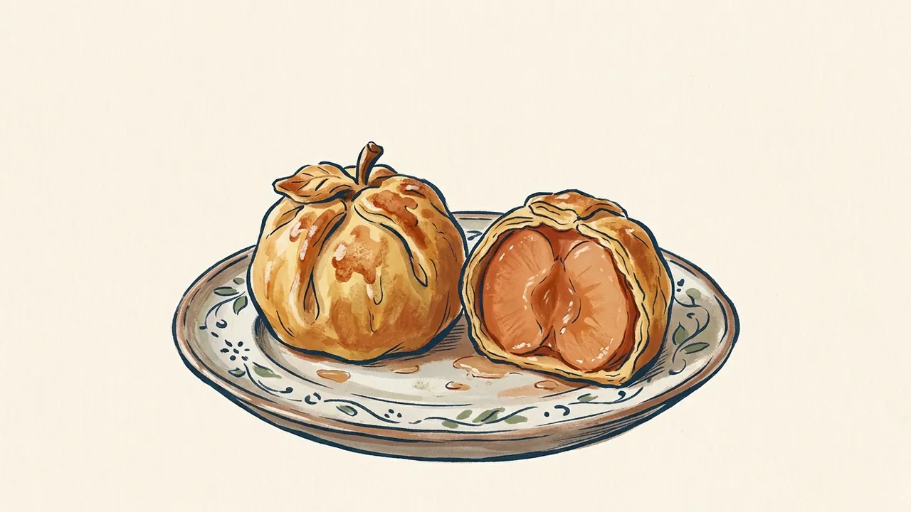 Manzana horneada envuelta en masa, entera y cortada, sobre una fuente.