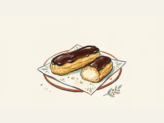 Dos éclairs alargados con cobertura de chocolate y crema visible en uno cortado.