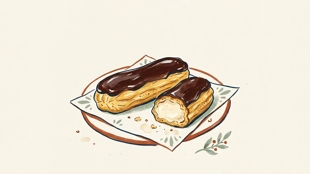 Dos éclairs alargados con cobertura de chocolate y crema visible en uno cortado.