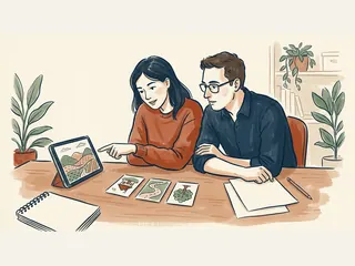 Dos personas observan un paisaje ilustrado en una pantalla junto a tres tarjetas con dibujos de una casa, un camino y un árbol.