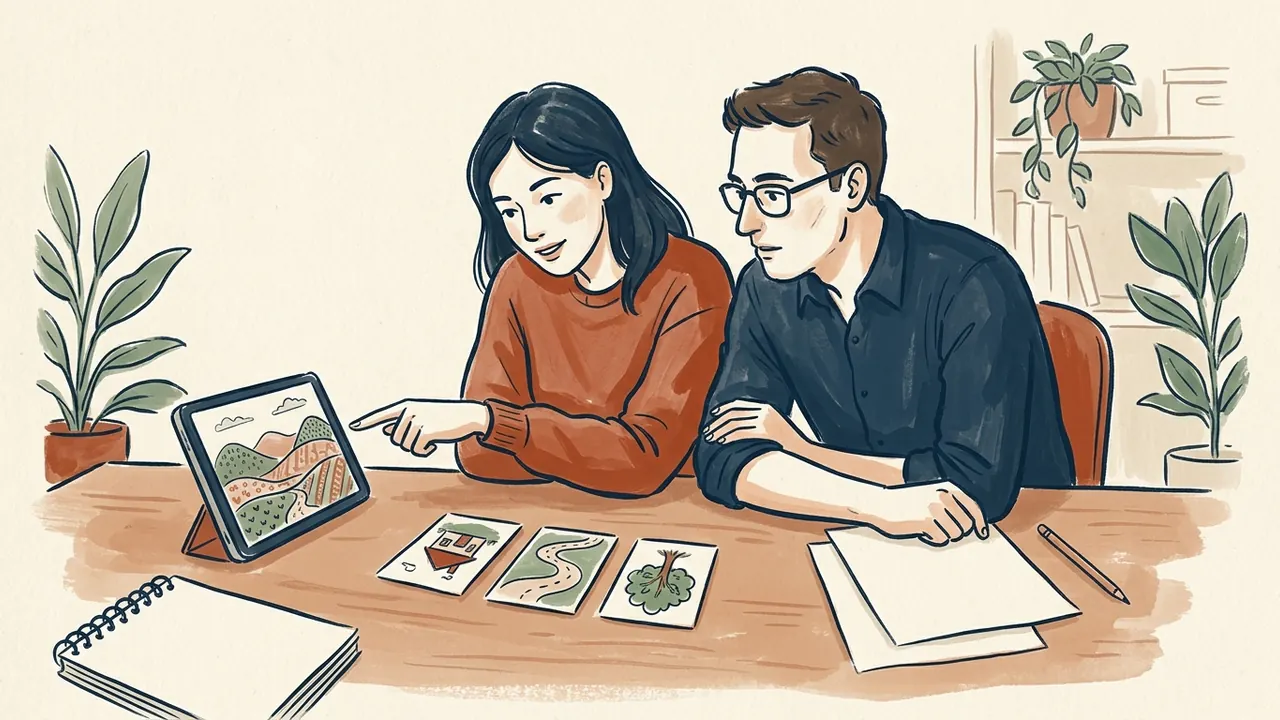 Dos personas observan un paisaje ilustrado en una pantalla junto a tres tarjetas con dibujos de una casa, un camino y un árbol.