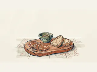 Tabla de madera con unas lonchas de fiambre, pan y un pequeño cuenco de aceitunas.