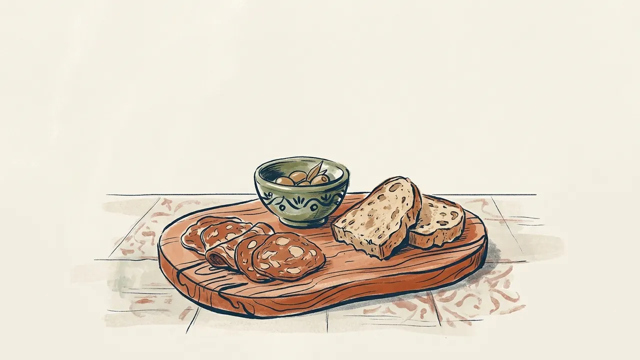 Tabla de madera con unas lonchas de fiambre, pan y un pequeño cuenco de aceitunas.