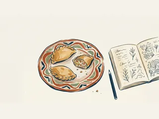 Dos empanadas cerradas y una cortada muestran su relleno sobre un plato de cerámica junto a un cuaderno.