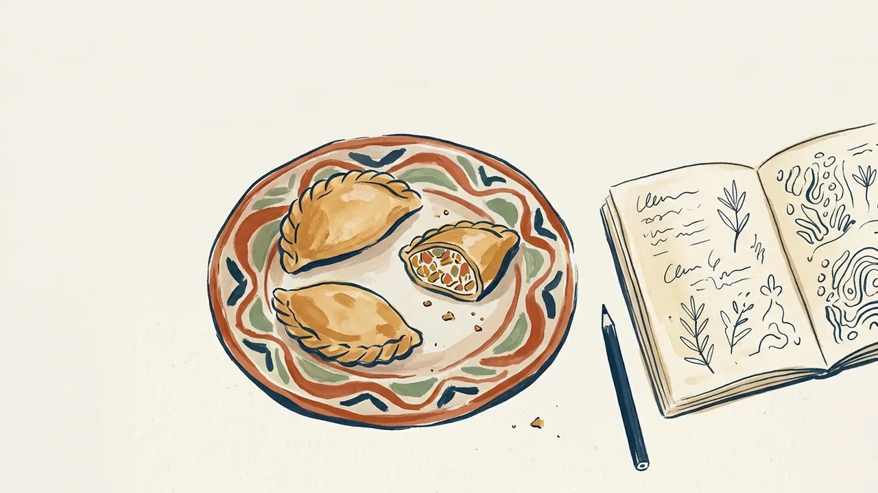 Dos empanadas cerradas y una cortada muestran su relleno sobre un plato de cerámica junto a un cuaderno.