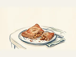 Empanadilla triangular de hojaldre cortada para mostrar su relleno de manzana.