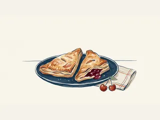 Dos empanadillas triangulares de cereza sobre un plato azul, junto a dos cerezas.