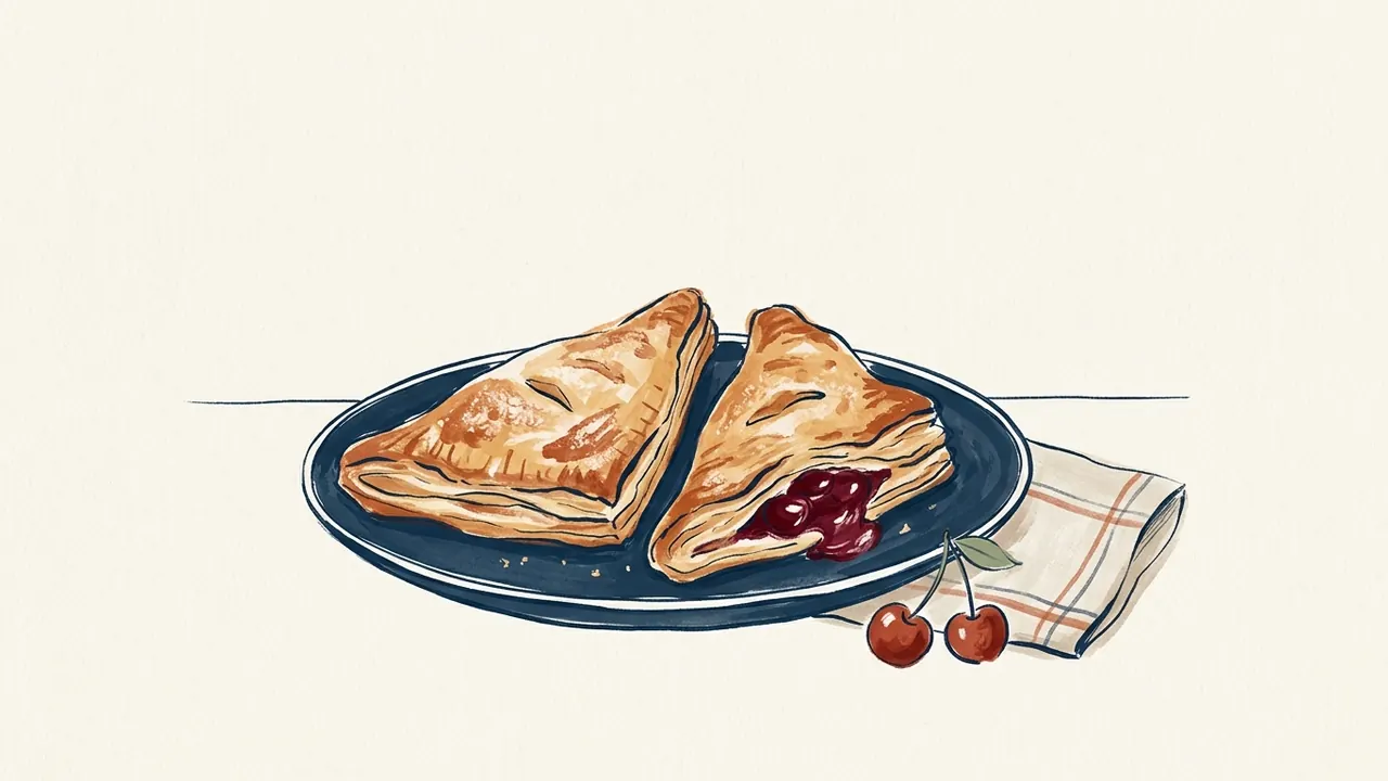 Dos empanadillas triangulares de cereza sobre un plato azul, junto a dos cerezas.
