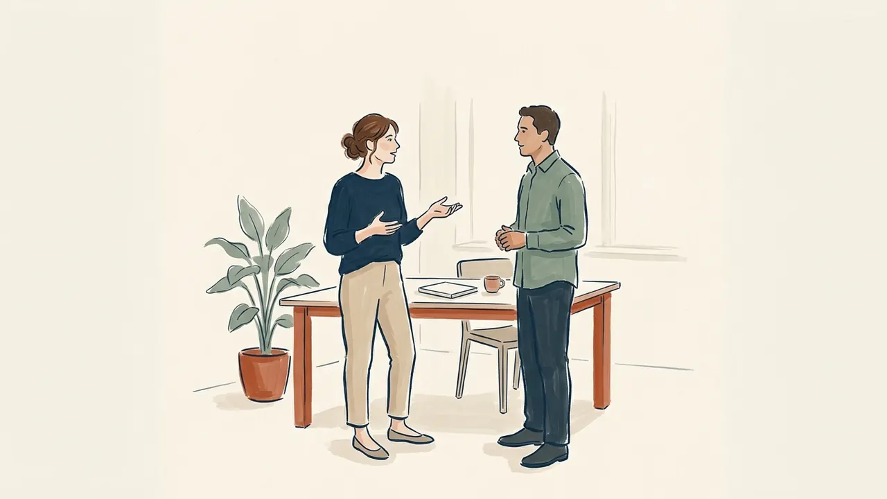 Dos profesionales conversan junto a una mesa con un cuaderno cerrado