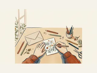 Dos manos dibujan flores en una tarjeta junto a un sobre y lápices de colores.