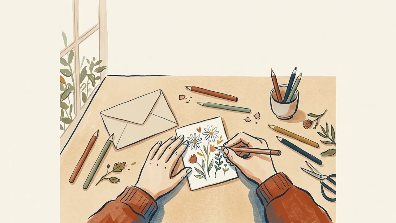 Dos manos dibujan flores en una tarjeta junto a un sobre y lápices de colores.