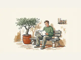 Hombre leyendo en un banco de un patio luminoso junto a un olivo en maceta.