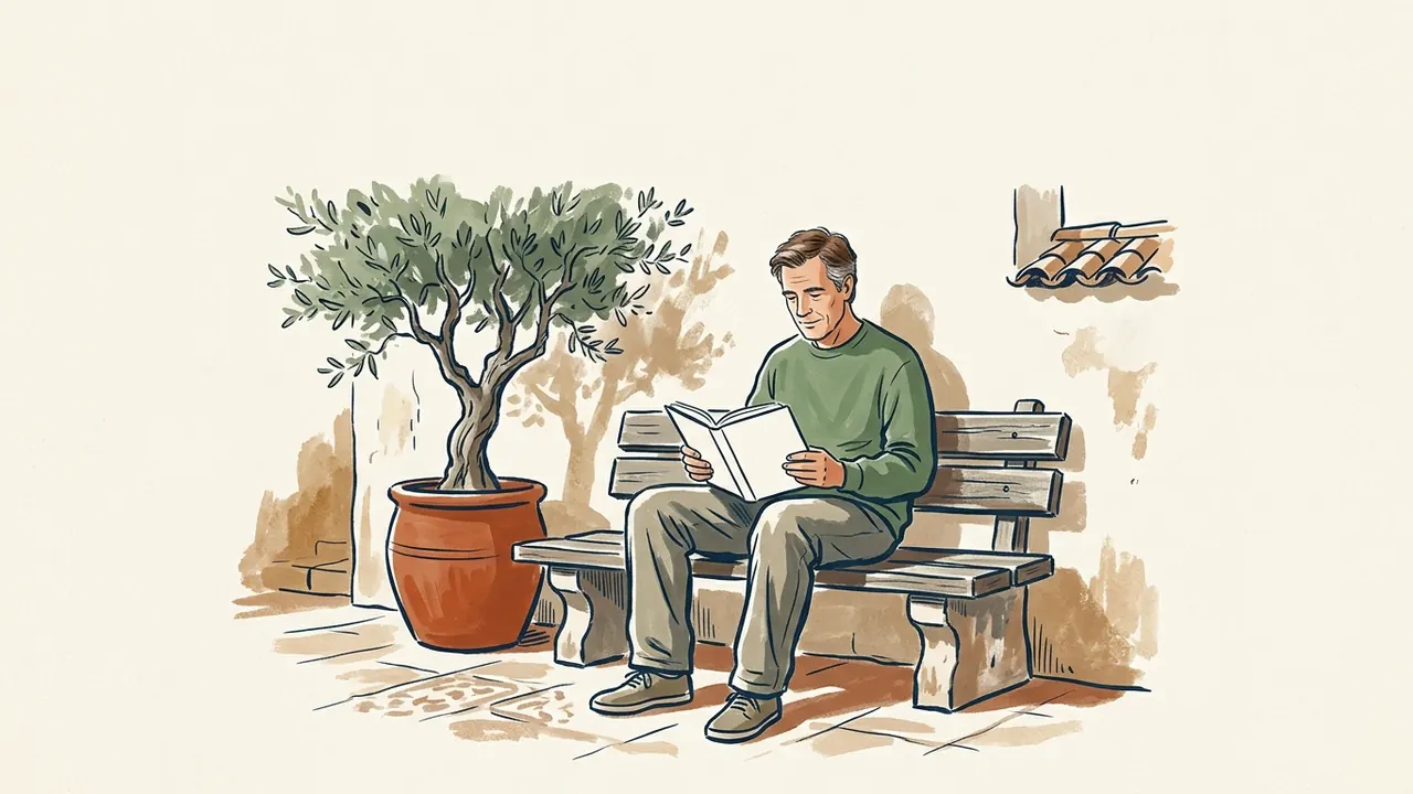 Hombre leyendo en un banco de un patio luminoso junto a un olivo en maceta.