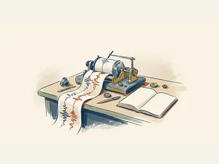 Un registrador sísmico ilustrado muestra trazos ondulados en una banda de papel junto a un cuaderno abierto.