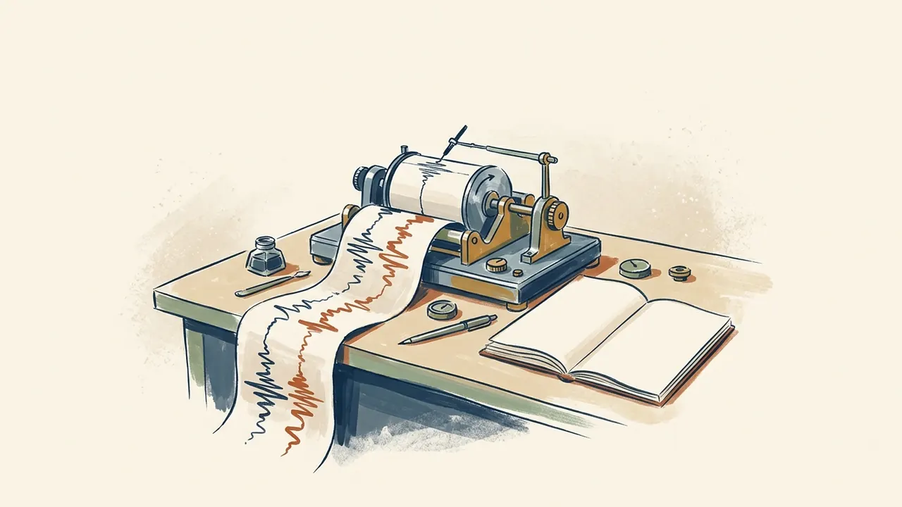 Un registrador sísmico ilustrado muestra trazos ondulados en una banda de papel junto a un cuaderno abierto.