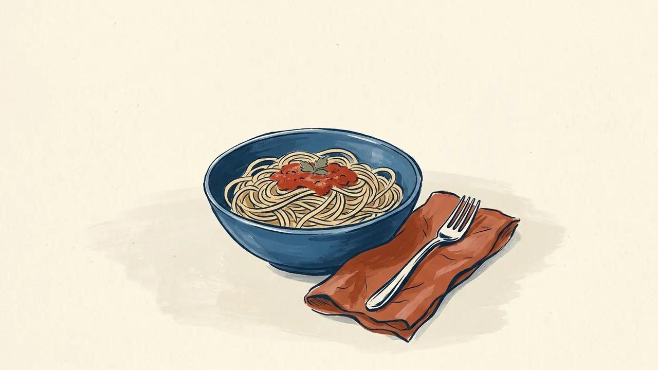Cuenco azul con espaguetis y salsa de tomate junto a un tenedor.