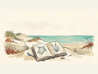 Un cuaderno naturalista abierto con dibujos de una tortuga marina y una planta reposa ante unas dunas costeras.