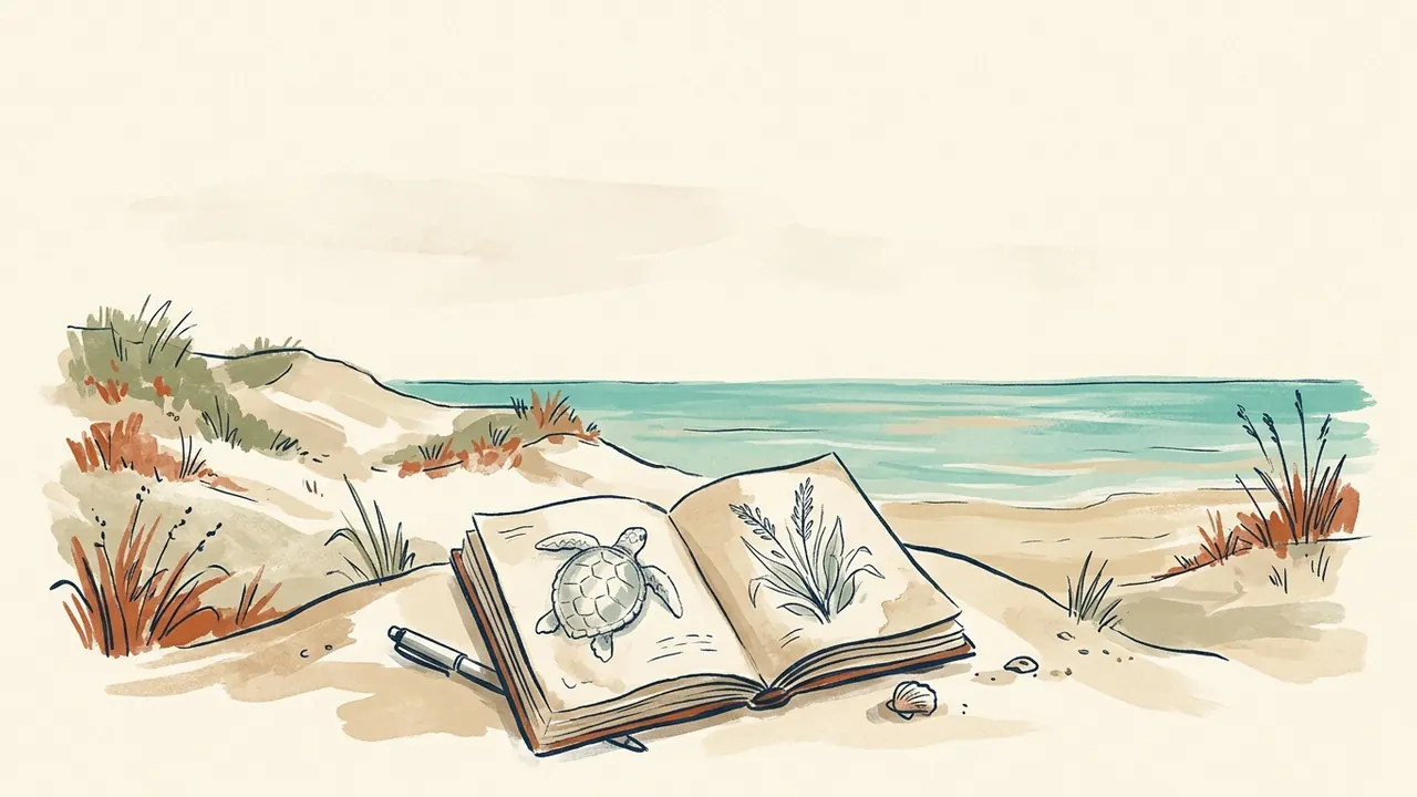 Un cuaderno naturalista abierto con dibujos de una tortuga marina y una planta reposa ante unas dunas costeras.