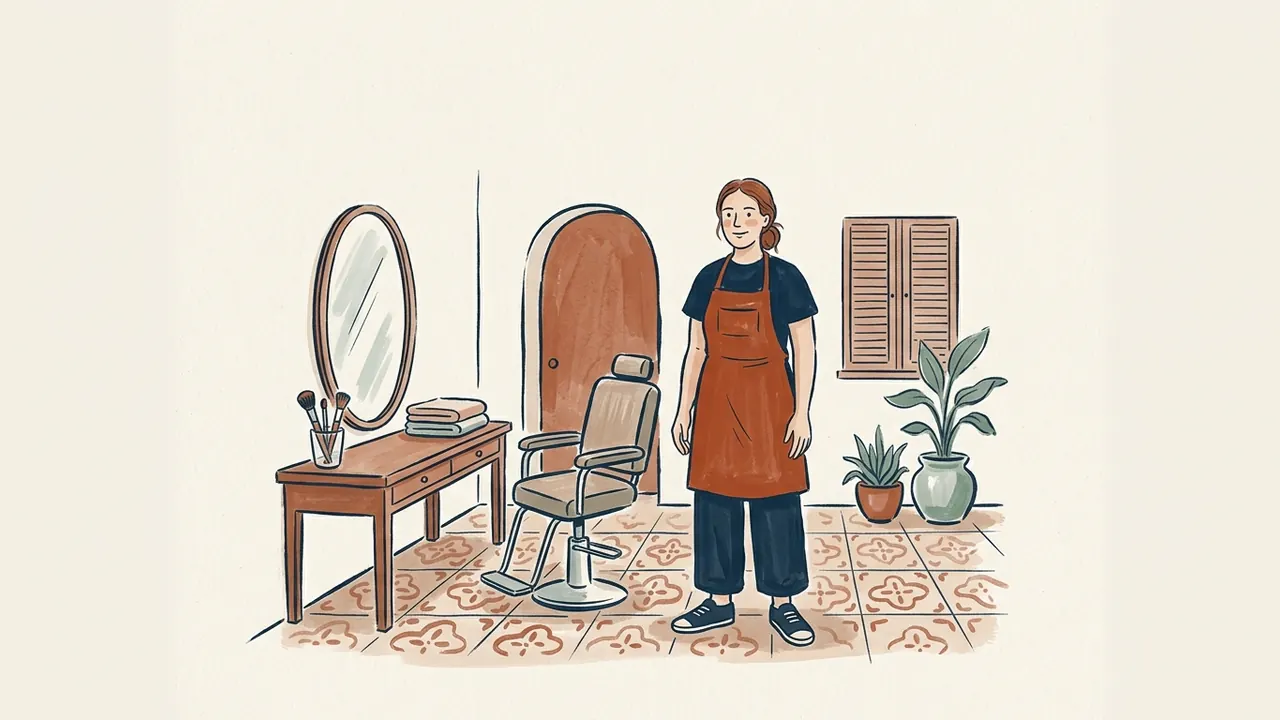 Una esteticista de pie en un salón con espejo, pinceles, toallas y sillón de trabajo.
