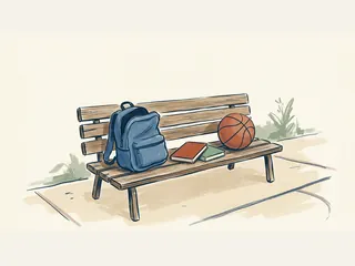 Mochila, dos libros y un balón de baloncesto sobre un banco de madera.