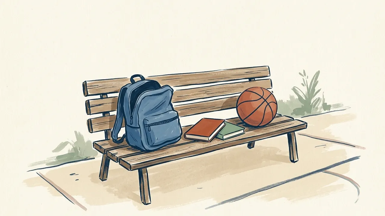 Mochila, dos libros y un balón de baloncesto sobre un banco de madera.