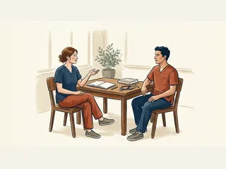 Dos estudiantes de enfermería conversan junto a libros y un estetoscopio.