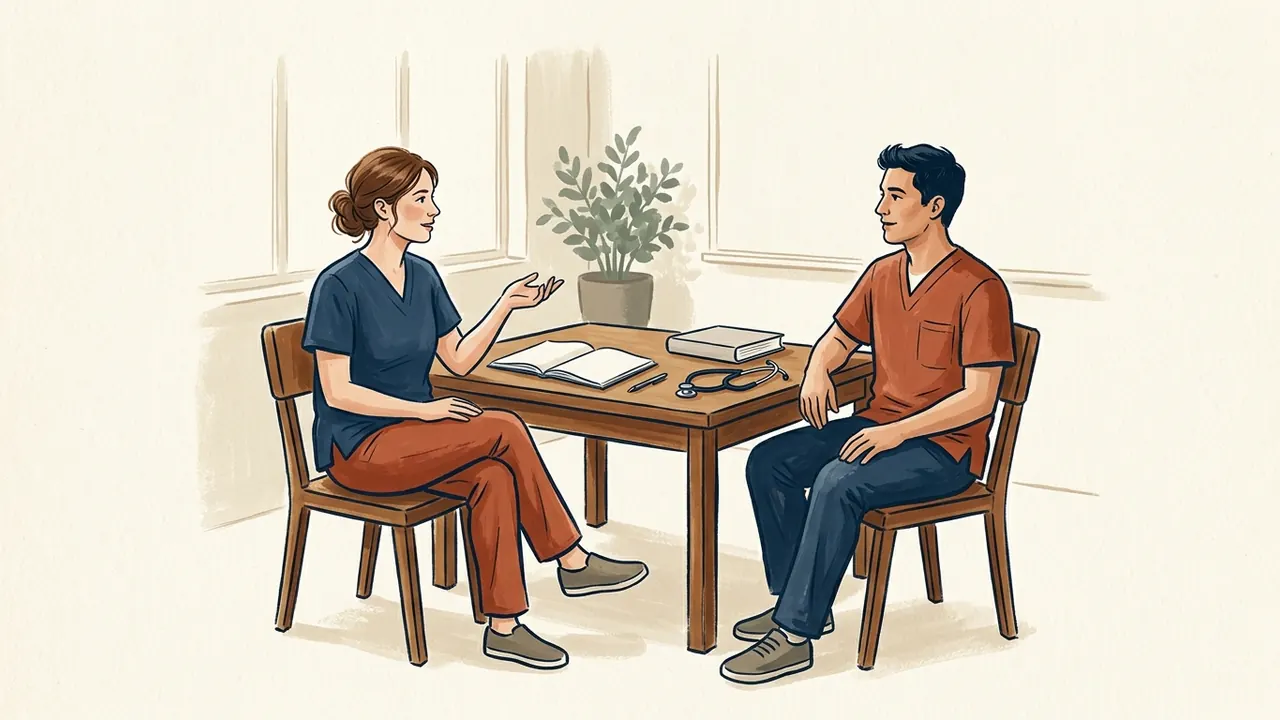 Dos estudiantes de enfermería conversan junto a libros y un estetoscopio.
