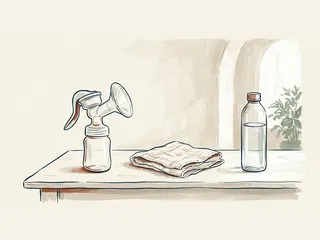 Extractor manual de leche con recipiente vacío, una muselina doblada y una botella de agua.