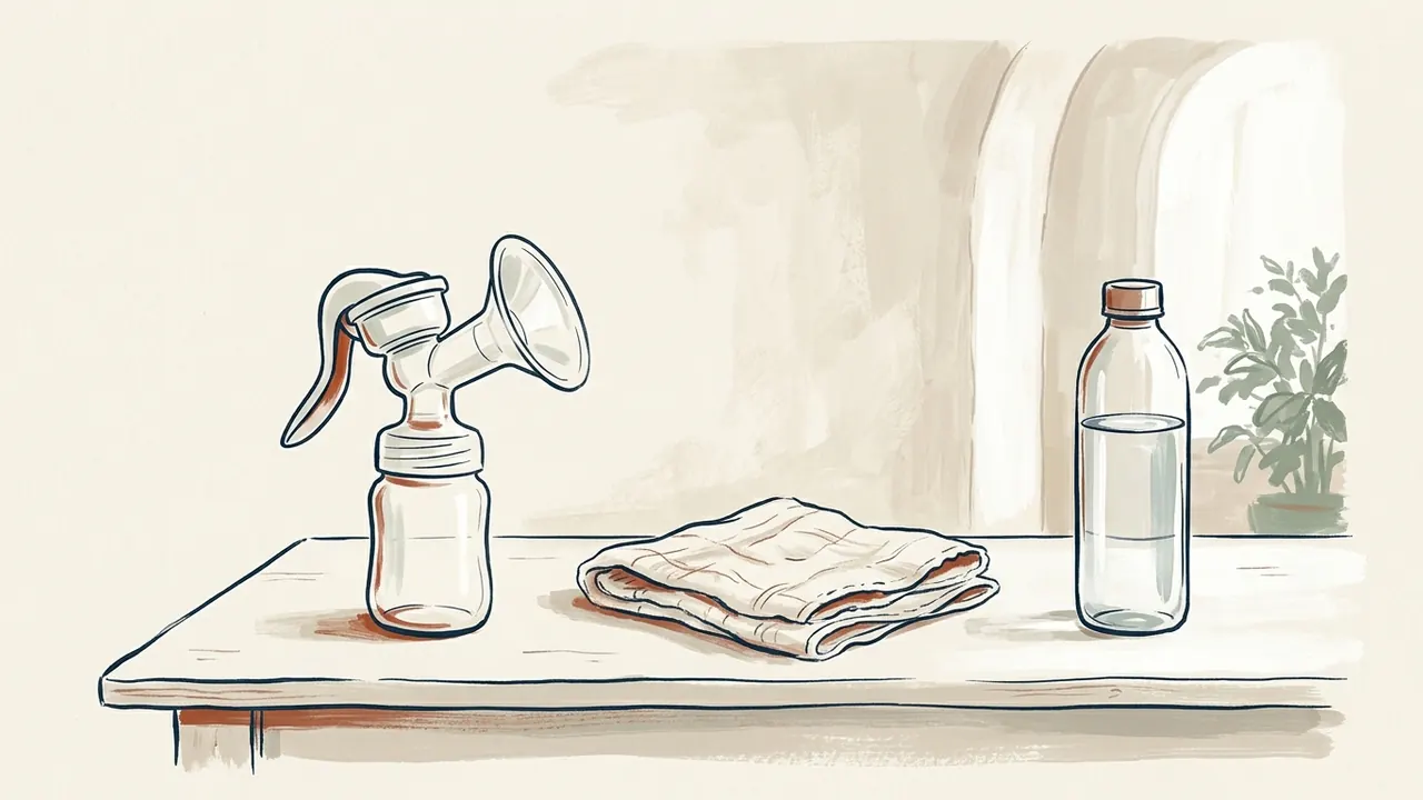 Extractor manual de leche con recipiente vacío, una muselina doblada y una botella de agua.