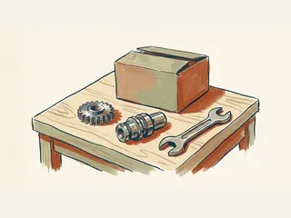Engranaje, pieza metálica y llave fija sobre una mesa de taller.