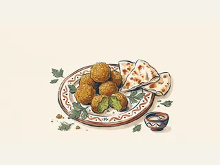 Un plato de falafel dorado, con una pieza abierta de interior verde, se acompaña de pan y un cuenco pequeño de salsa.