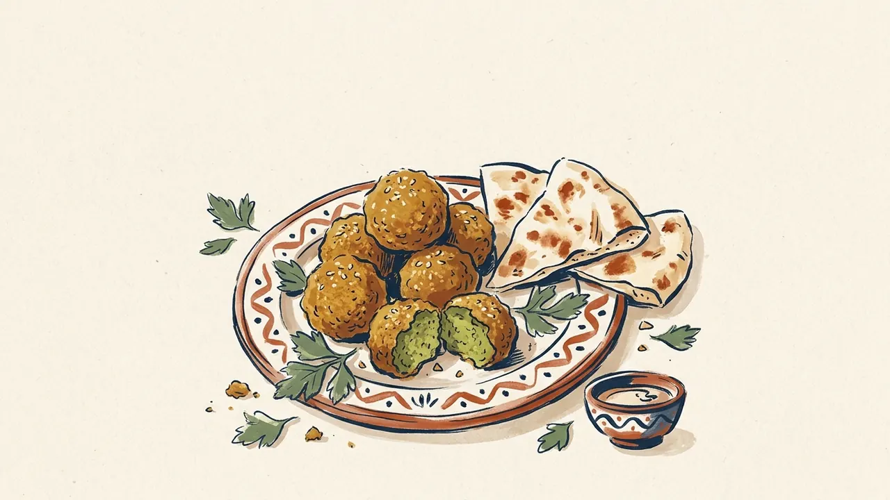 Un plato de falafel dorado, con una pieza abierta de interior verde, se acompaña de pan y un cuenco pequeño de salsa.