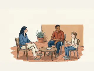 Dos adultos y una niña conversan sentados en un patio, alrededor de una mesa con un cuaderno.